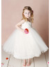 Ivory Satin Tulle Tea Length Cross Back Simple Flower Girl Dress Ivory Satin Tulle Tea Length Cross Back Simple Flower Girl Dress